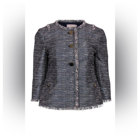 Tory Burch Cream Blue Tweed Jacket Cropped size 0 - Picture 1 of 14